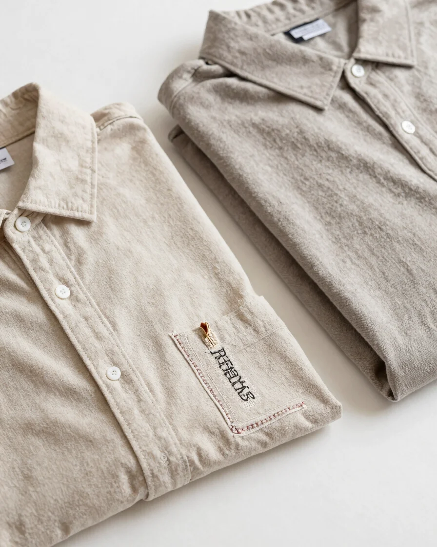 Prendas textiles dobladas y ordenadas, playera y sudadera en tono