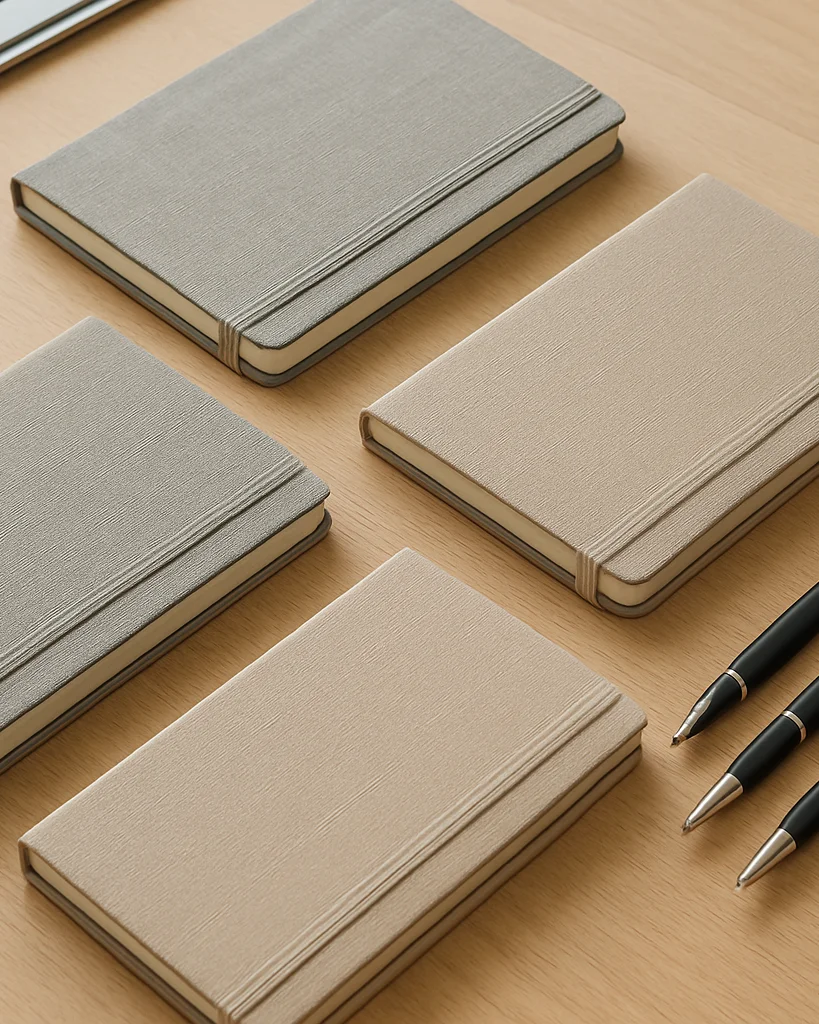 Libretas de tapa dura y bolígrafos ordenados en mesa de trabajo d