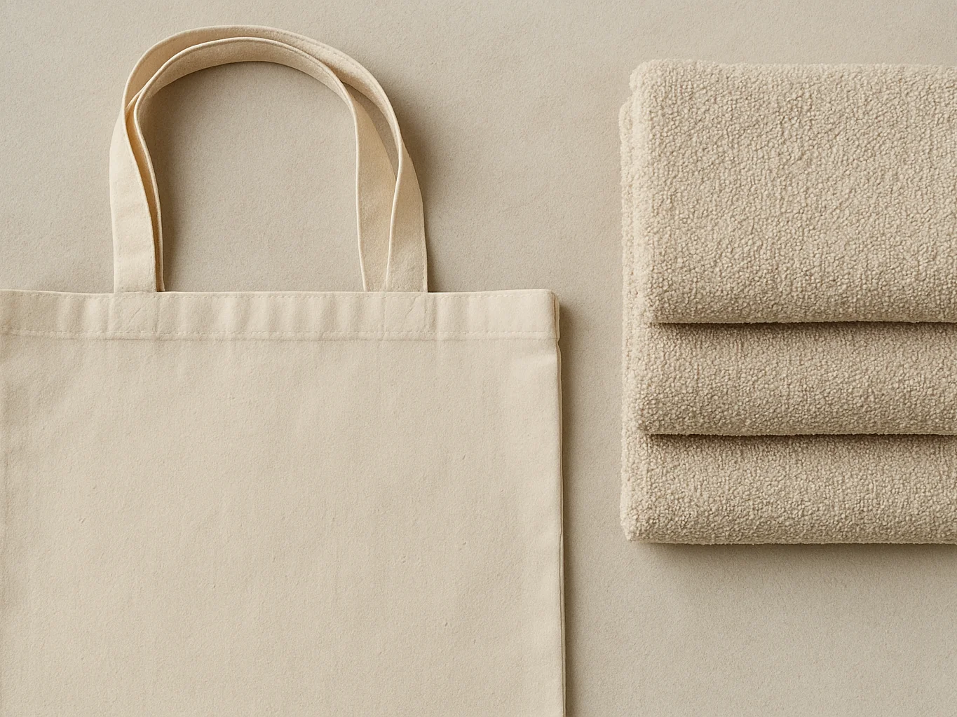 Tote bags ecológicas y toallas dobladas sobre superficie neutra,