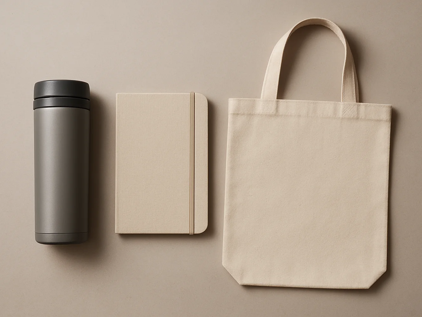 Kit corporativo ordenado con termo, libreta y bolsa en vista ampl